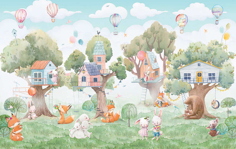 Forest Tree House Cute Pet Wallpaper | Children's Room Bedroom Decoration Painting – whimsical forest tree houses with cute pets in a dreamy children’s room scene