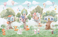 Forest Tree House Cute Pet Wallpaper | Children's Room Bedroom Decoration Painting – whimsical forest tree houses with cute pets in a dreamy children’s room scene