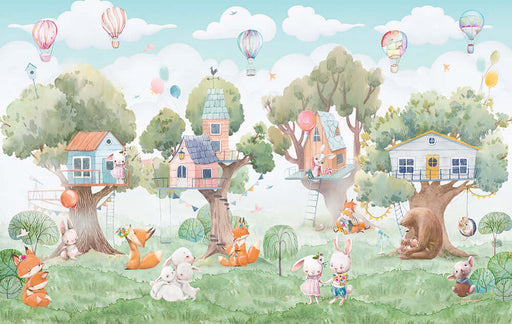 Forest Tree House Cute Pet Wallpaper | Children's Room Bedroom Decoration Painting – whimsical forest tree houses with cute pets in a dreamy children’s room scene