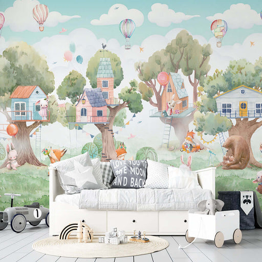 Forest Tree House Cute Pet Wallpaper | Children's Room Bedroom Decoration Painting for a playful, forest fairy-tale inspired nursery backdrop