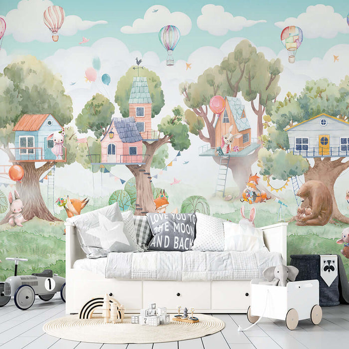 Forest Tree House Cute Pet Wallpaper | Children's Room Bedroom Decoration Painting for a playful, forest fairy-tale inspired nursery backdrop