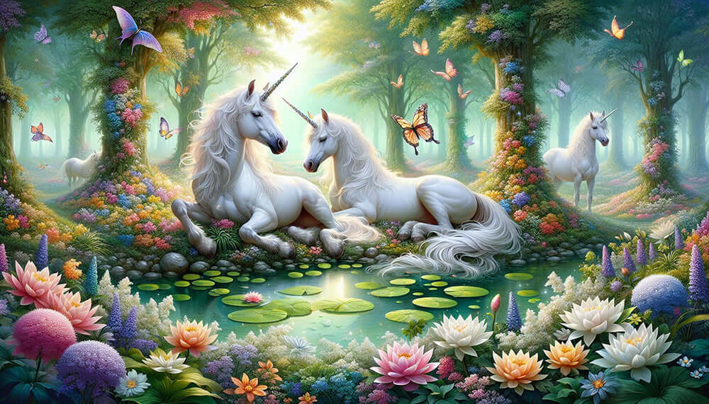 Forest Unicorn Wallpaper Mural | Children's Room Bedroom Fairy Tale Decorative Wall - magical unicorns in a blooming forest with a dreamy, fairy-tale filter for a cozy child-friendly space