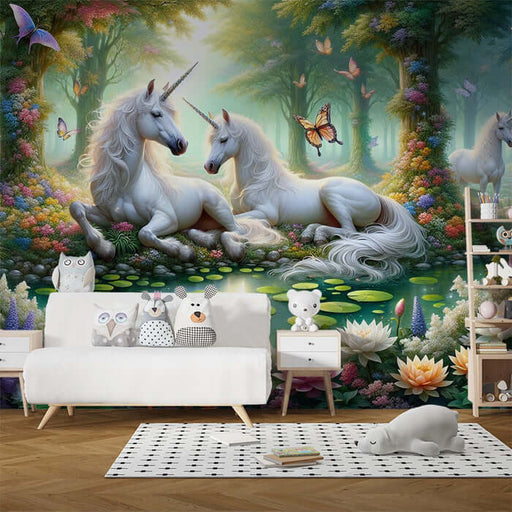 Forest Unicorn Wallpaper Mural | Children's Room Bedroom Fairy Tale Decorative Wall with magical unicorns in a blooming forest, dreamy fairy tale decor for a child's room