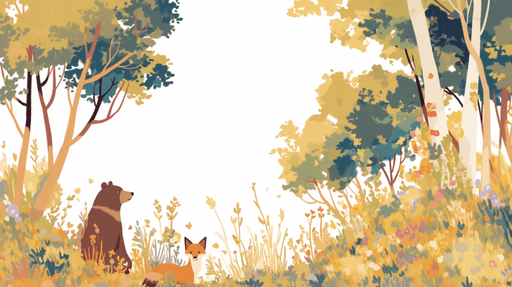Forest Wallpaper Mural | Brown Bear, Fox, Colorful Plants, Warm Natural Wind - Carving wallpaper