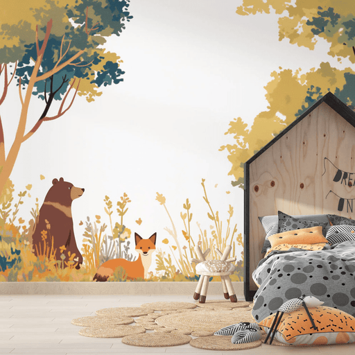 Forest Wallpaper Mural | Brown Bear, Fox, Colorful Plants, Warm Natural Wind - Carving wallpaper