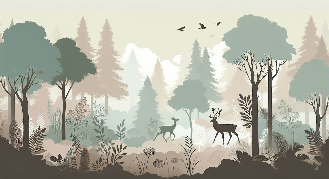 Enchanted Forest Wallpaper Mural: Soft Pastel Deer & Birds Silhouettes
