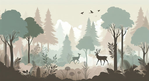 Forest Wallpaper Mural | Forest Animal Silhouettes and Soft Colors - Carving wallpaper