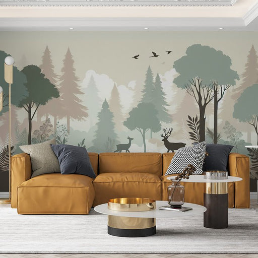 Forest Wallpaper Mural | Forest Animal Silhouettes and Soft Colors - Carving wallpaper