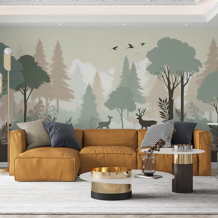 Enchanted Forest Wallpaper Mural: Soft Pastel Deer & Birds Silhouettes — serene woodland mural with pastel tones, deer silhouettes and birds in a living room