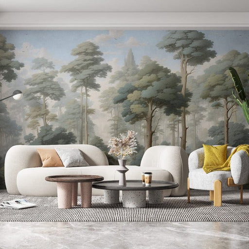 Forest Wallpaper Mural | Fresh Green Misty Forest - Carving wallpaper