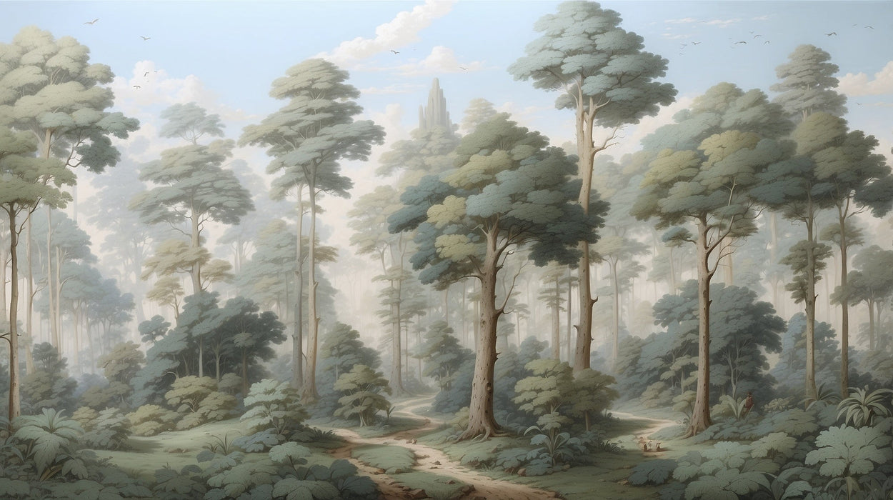 Forest Wallpaper Mural | Fresh Green Misty Forest - Carving wallpaper