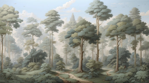 Forest Wallpaper Mural | Fresh Green Misty Forest - Carving wallpaper