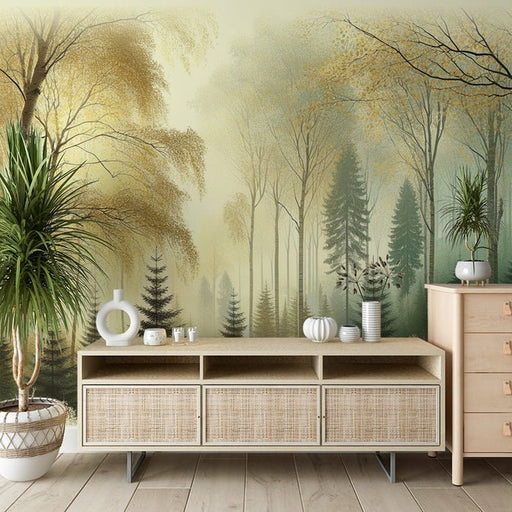 Forest Wallpaper Mural | Golden Leaves - Carving wallpaper