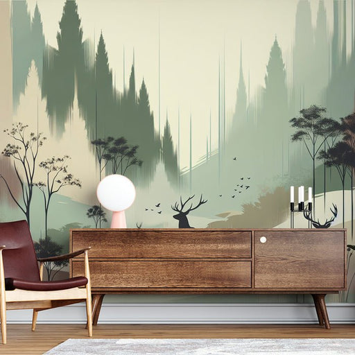 Forest Wallpaper Murals | The silhouette of deer and neutral tones - Carving wallpaper