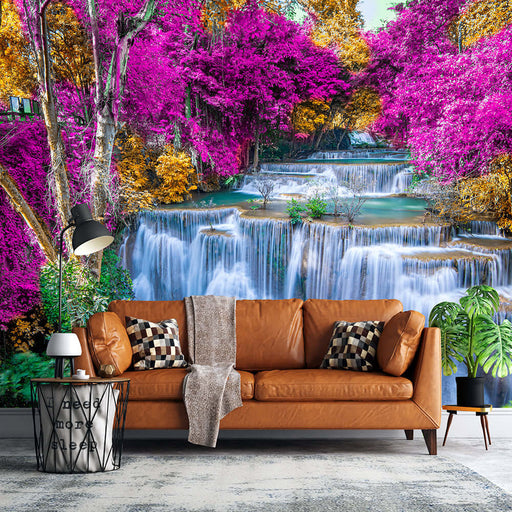 Forest Waterfall Theme Wallpaper Mural | Pink Purple Forest - Dreamy waterfall landscape with pink purple forest tones for a fairy tale backdrop