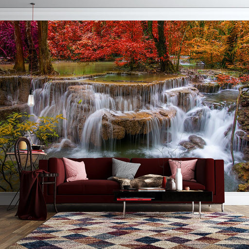 Forest Waterfall Wallpaper Mural | Red Leaves and Flowing Water - Carving wallpaper