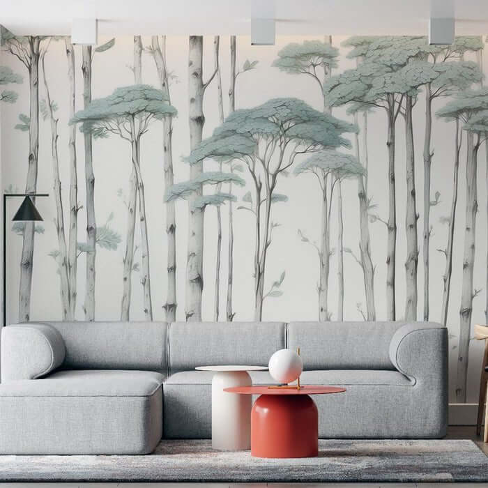 Forest Zen Mural - Light Green Ink Wash | Tranquil Botanical Wallpaper