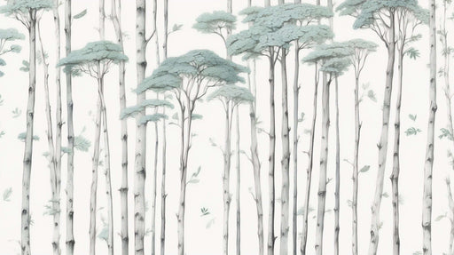 Forest Zen Mural - Light Green Ink Wash | Tranquil Botanical Wallpaper: Minimalist forest scene with light green ink wash trees and misty ambiance