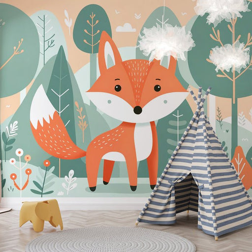 Fox Children Wallpaper Mural | Standing in the Green Forest - Carving wallpaper