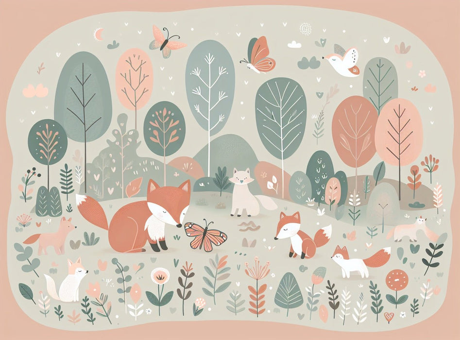 Fox Children's Wallpaper Mural | Soft toned Magic Forest - Carving wallpaper