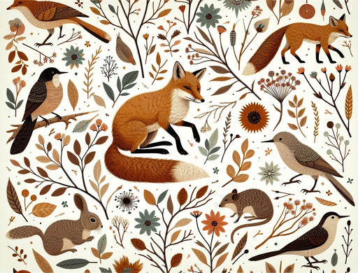 Fox Wallpaper Mural | Birds, Squirrels and Flowers, Children's Room - Carving wallpaper
