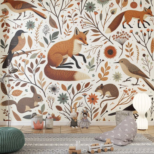Fox Wallpaper Mural | Birds, Squirrels and Flowers, Children's Room - Carving wallpaper