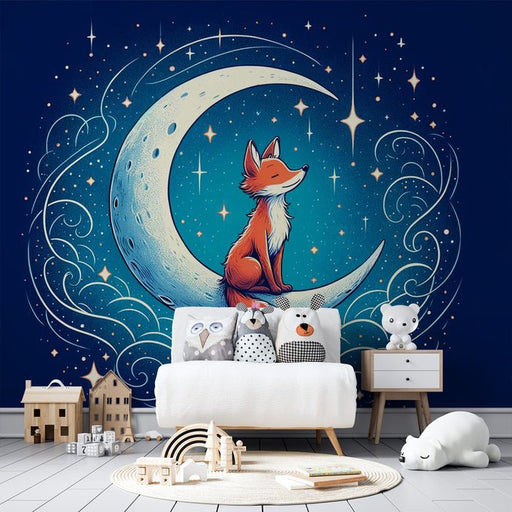 Fox, Wallpaper Mural | Midnight Blue Stars and New Moon - Carving wallpaper