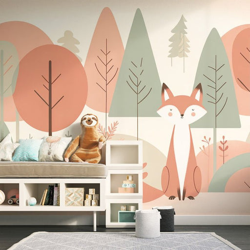 Fox Wallpaper Mural | Sitting in a Colorful Forest, Children's Room - Carving wallpaper