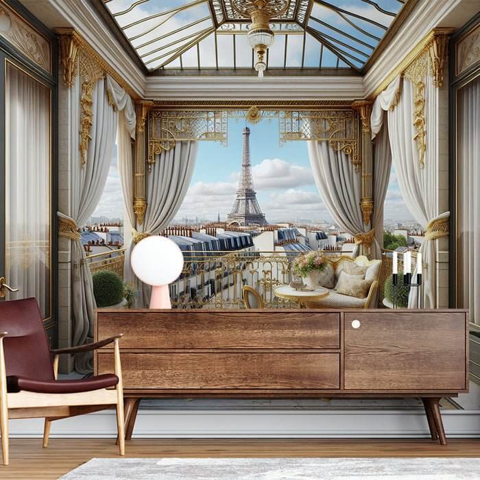 French style wallpaper mural | Eiffel Tower: Parisian balcony view with elegant interior, gold carvings, white drapes and scenic Eiffel Tower backdrop