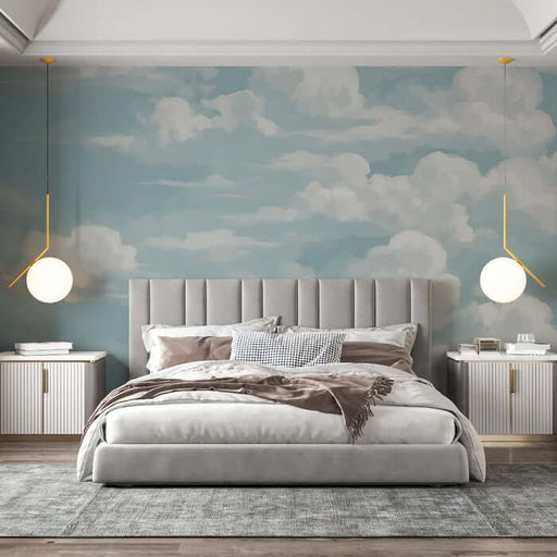 Fresh cloud wallpaper mural | Living room bedroom healing decorative wall in a tranquil bedroom with cloud mural, healing atmosphere, and soft focus filter