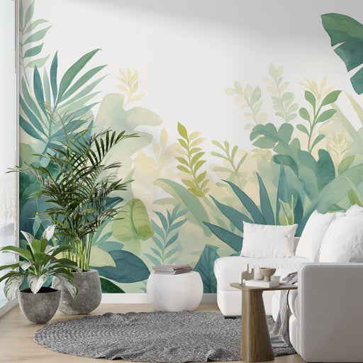 Fresh green plant wallpaper mural | Banana leaves to slender fern leaves - Carving wallpaper