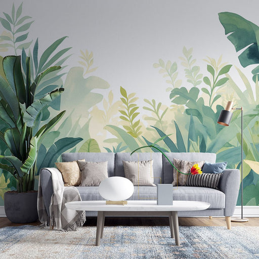 Fresh green plant wallpaper mural | Banana leaves to slender fern leaves - Carving wallpaper