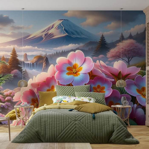 Fuji Mountain Flower Landscape Wallpaper Mural | Japanese Style - vibrant pink flowers with Mount Fuji backdrop in a serene Japanese garden bedroom