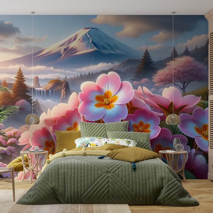 Fuji Mountain Flower Landscape Wallpaper Mural | Japanese Style - vibrant pink flowers with Mount Fuji backdrop in a serene Japanese garden bedroom