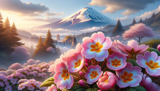 Fuji Mountain Flower Landscape Wallpaper Mural | Japanese Style featuring pink flowers with Mount Fuji in background