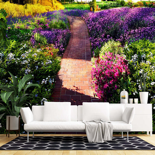 Garden landscape wallpaper mural | Colorful flowers arranged in a staggered manner.