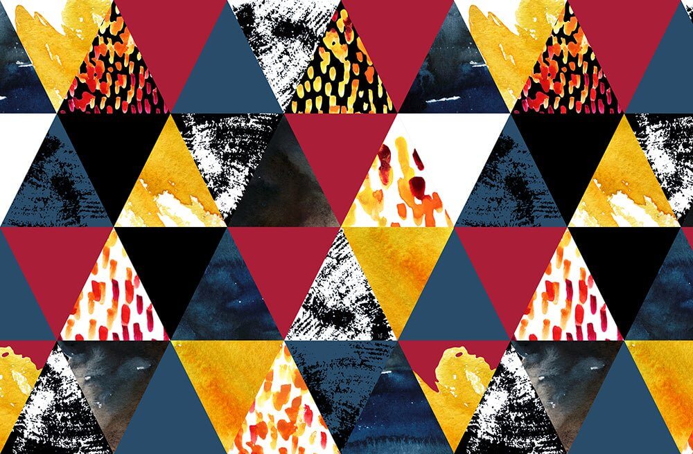 Colorful geometric abstract wallpaper mural featuring triangles in red, yellow, black, white, and blue textures.