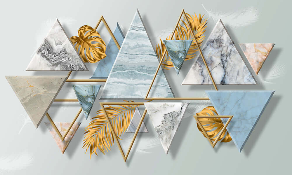 Geometric art style wallpaper mural| - modern marble texture with gold foil accents, abstract triangular design for chic home decor