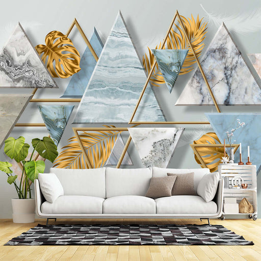 Geometric art style wallpaper mural| modern luxury wall art with marble textures, gold leaves and geometric triangles for chic living room backdrop