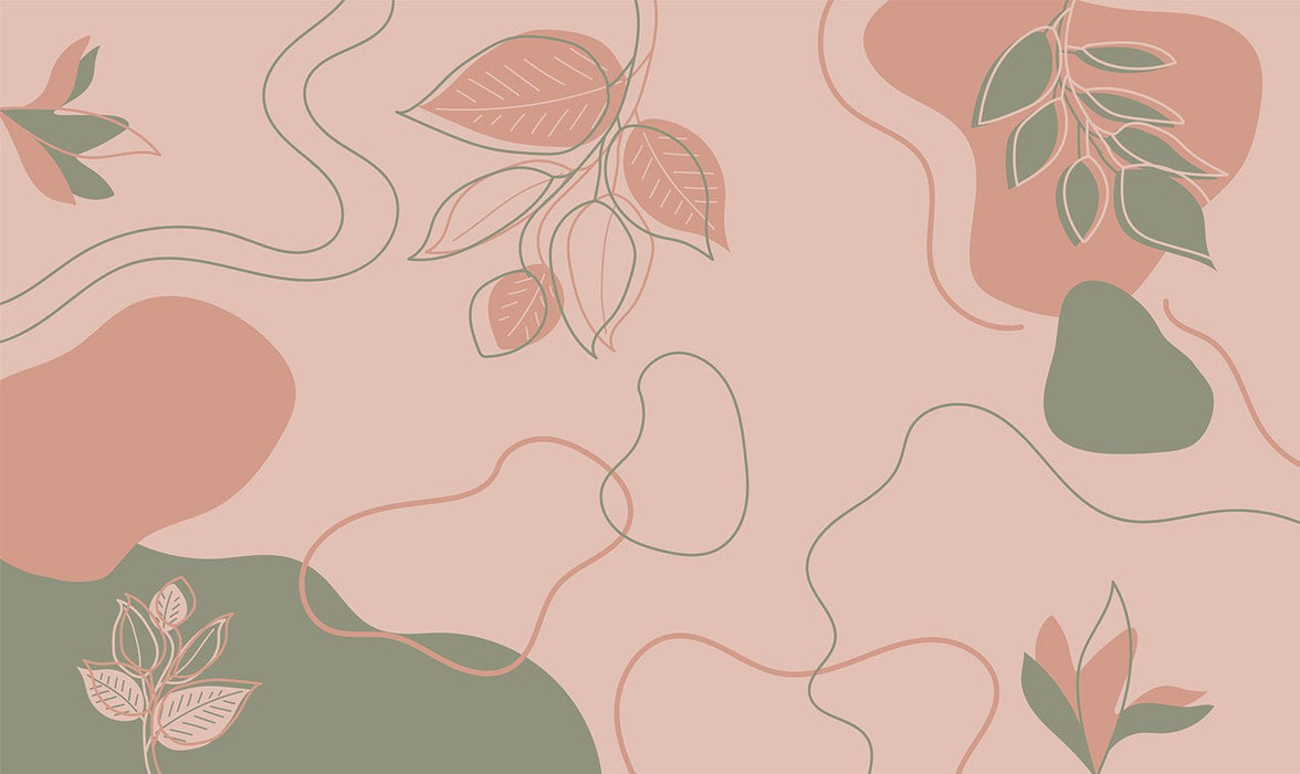 Geometric Leaf Wallpaper Mural | Plant Pink, Green Colors - Carving wallpaper