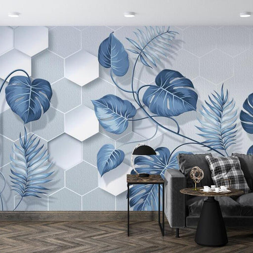 Geometric Leaf Wallpaper Mural | Tropical Leaf Blues Plant Mural - Carving wallpaper