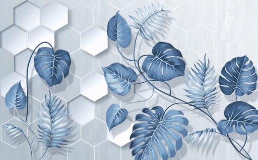 Geometric Leaf Wallpaper Mural | Tropical Leaf Blues Plant Mural - Carving wallpaper