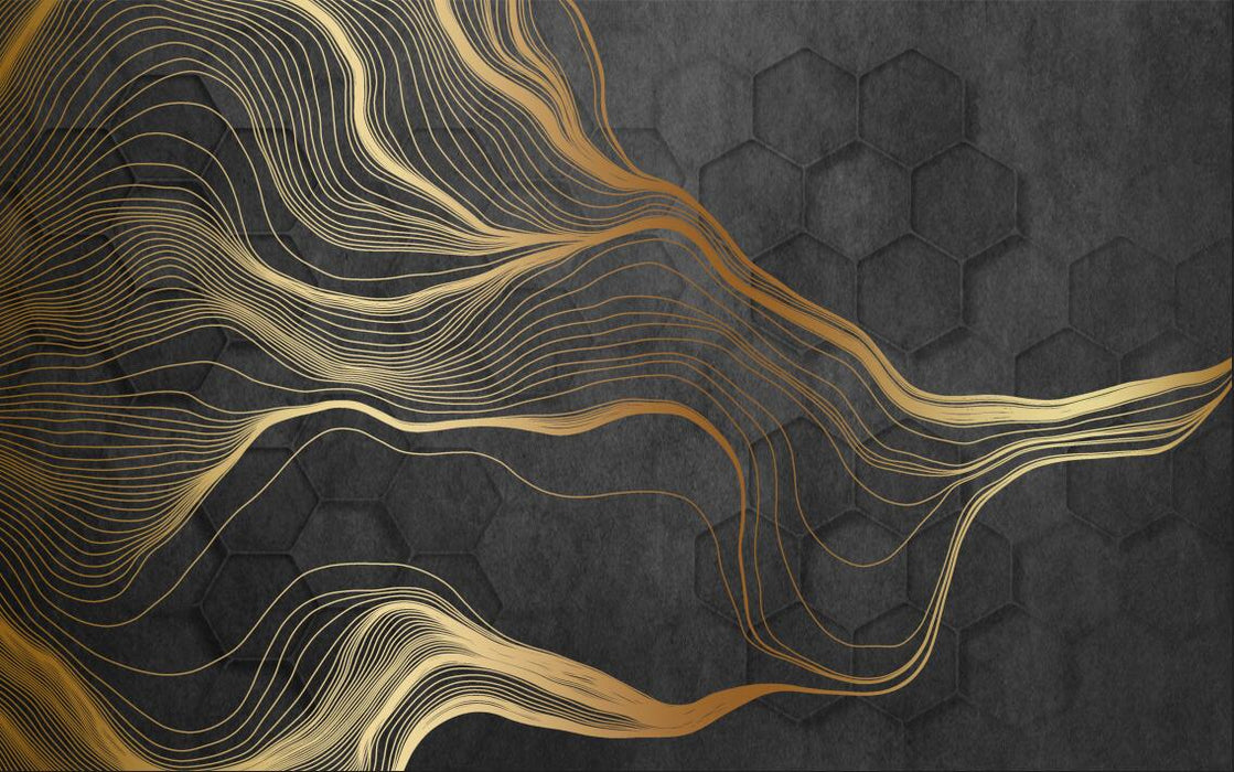 Geometric Line Wallpaper Mural | Black Gold Lines with Geometric Texture - Carving wallpaper