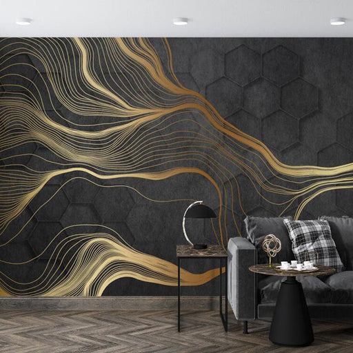 Geometric Line Wallpaper Mural | Black Gold Lines with Geometric Texture - Carving wallpaper