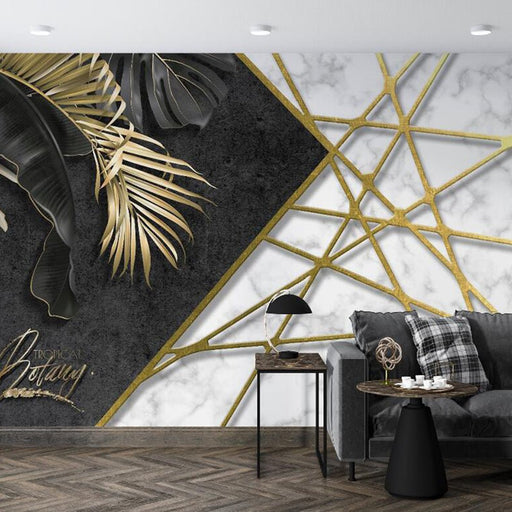 Geometric Line Wallpaper Mural | Tropical Plants with Geometric Marble - Carving wallpaper