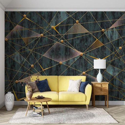 Geometric metal mural wallpaper | Dark green background with gold elements - Carving wallpaper