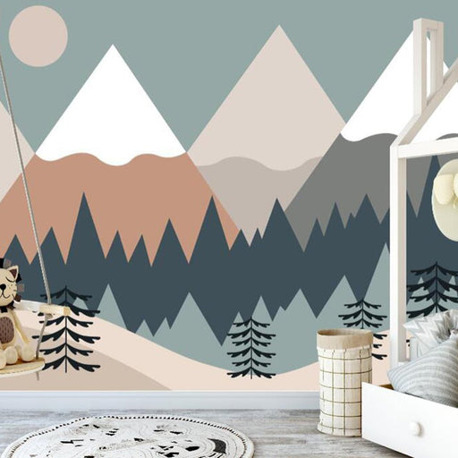 Geometric Mountain Wallpaper Mural | Geometric Mountain Tree Children's Fun Mural - Carving wallpaper