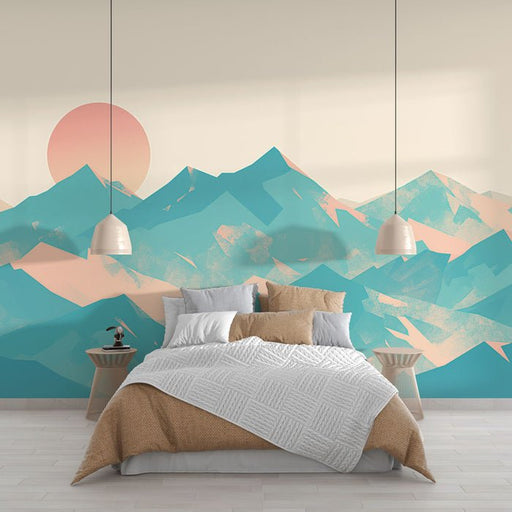 Geometric Mountain Wallpaper Mural | Orange Red Sunset - Carving wallpaper