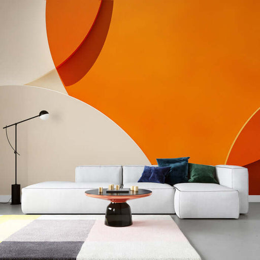 Geometric orange white contrasting wallpaper mural | Modern minimalist decorative wall in living room and bedroom with bold orange geometric wall art in a contemporary living space
