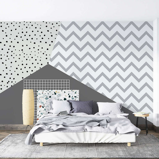 Geometric Splicing Art Wallpaper Mural | Dotted Sawtooth Pattern with Polka Dots, Grids, Terrazzo in Gray Tones for Nordic Living Room Decor